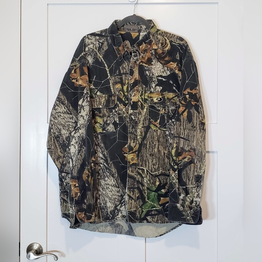Vintage Jerzees Outdoors Mossy Oak Break Up Button Camo Shacket Sz XL Heavy Duty